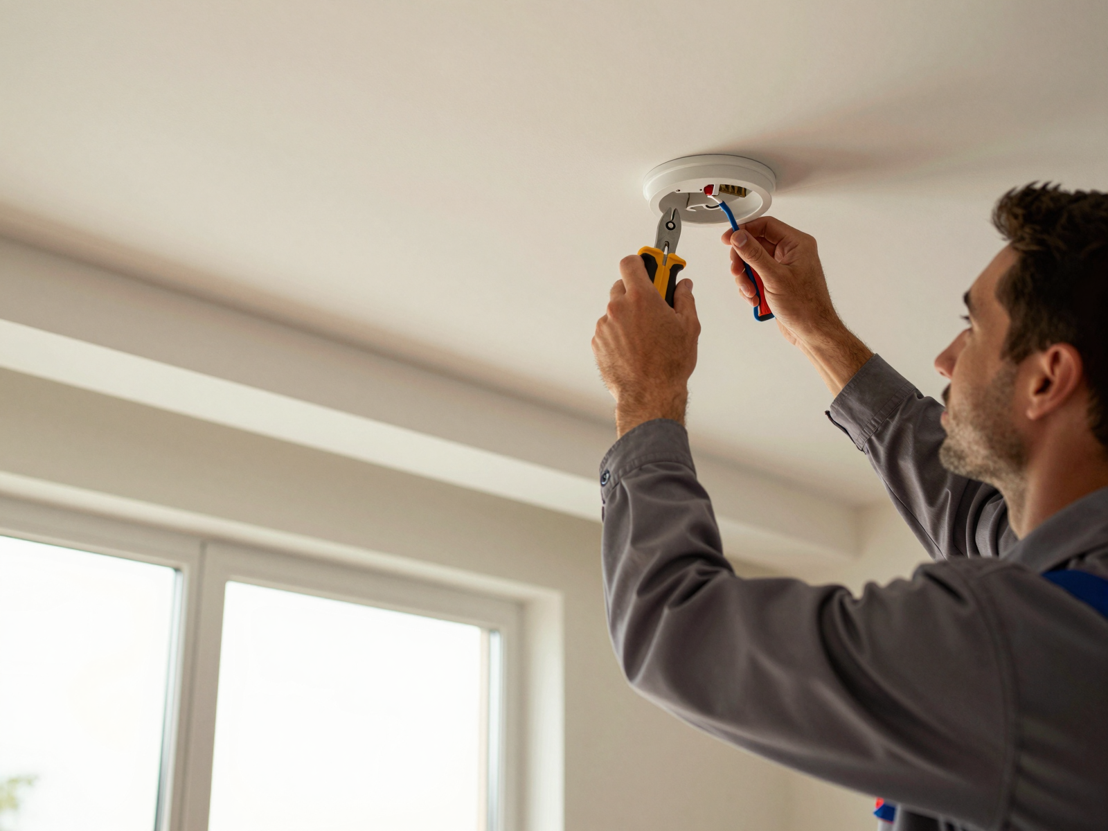 Electrician installing recessed lighting in modern living room